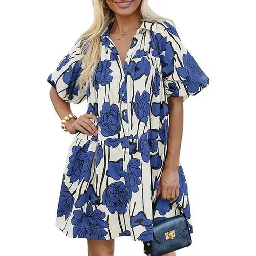 Wenrine Women's Collared Buttoned Short-Sleeve Loose-Fit Light Fabric Casual Wear Dress - Soft, Thin for Summer Beach Occasions