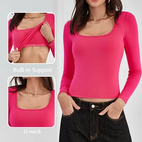 ATTRACO Women's Long Sleeve Square Neck Built-in Bra Top Slim Fit Stretch Fabric Basic T-Shirt Casual Classy Fashion Elegant Casual Classy Fashion Christmas Womenswear