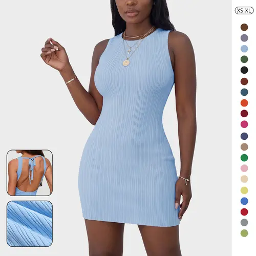 Wenrine Women's Rib Fitted Bodycon Tank Dress - Chic Sexy Fashion Backless Sleeveless Tie-Back Knit Mini, Pull-On Easy to Pair Cooling Casual Club Party Wear, Machine-Washable