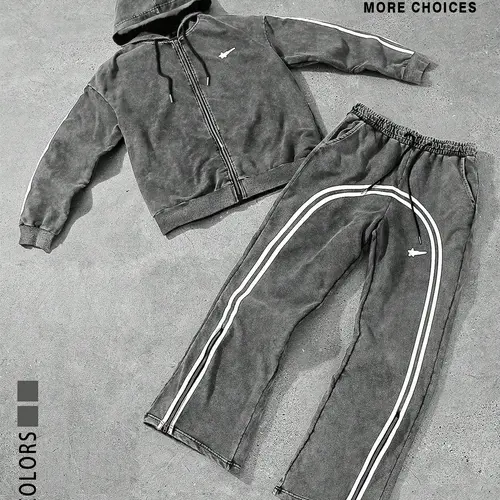 Two street-style sweatshirt sets, Loose tracksuit for young men, with loose design and pockets, cotton fabric, worn-out washable, suitable for casual sports and daily wear