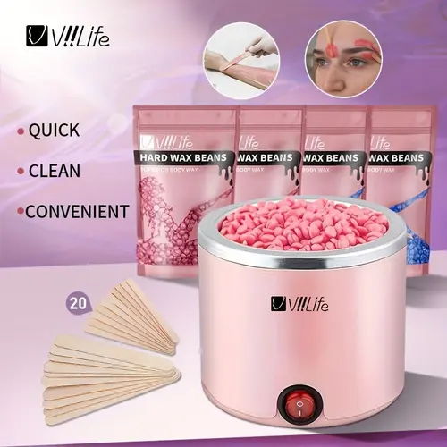 Viilife Pink Waxing Set for Women - 200cc Smoothing Moldable Wax Warmer, 4 Wax Bean Packs, 20 Sticks, Quick-Clean Home Beauty Self Care Hair Removal Product for Smooth Skin