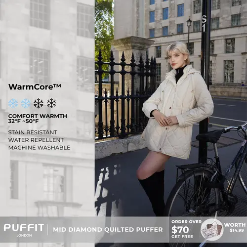 PUFFIT WarmCore Premium Mid-length Diamond Quilted Drawstring-waist PUFFER Style,Classic Diamond Pattern,Waist-cinching Lightweight Cotton Jacket,High-density Integrated Quilting Lightweight,Comfortable For Commuting,Fall,Winter,2026 Shopping