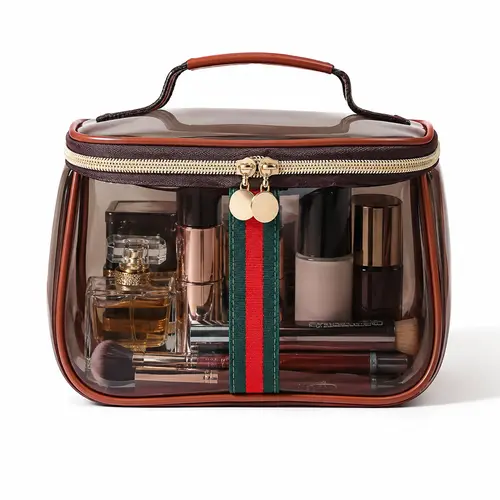 New Retro Vintage Vanity Bag, Capacity Makeup Organizer for Women, Ladies Travle Storage Case, Transparent Toiletry Bag, Portable Skincare Storage Case (Brown)-Does not include any accessories