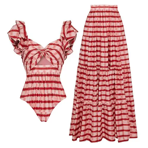FLAXMAKER Women's Red Striped Ruffle Sleeve V-Neck Cut-Out Polyester Blend Tummy Control Swimdress Set, Multi-Size 1-Piece Swimsuit & Skirt, Summer Vacation Sports & Outdoor Beachwear (Swimsuits Tummy Control, Swimming Suit Included) tiktokshopbacktoschoo
