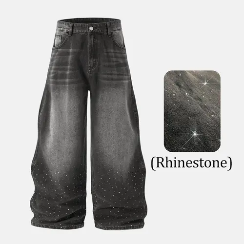 Inflation Men's High-Rise Baggy Washed Diamond Bedazzled Jeans - Menswear Slimming Loose Casual Denim Pants for Spring, Dark Wash Vintage Streetwear Statements