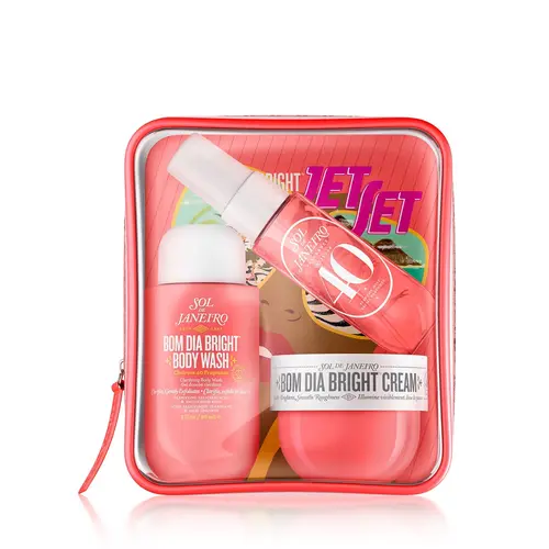Sol de Janeiro Bom Dia Bright Jet Set Travel Body Care Kit - Scented Aroma Mini Toiletries for Purse with Salicylic Acid, Vitamin C, Exfoliating Wash, Smooth Cream, Cheirosa 40 Mist (Jasmine, Black Amber Plum, Vanilla Woods) Gifts for Women