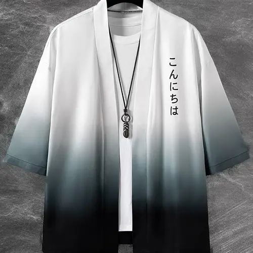Men's Short Sleeve Loose Ombre Traditional Kimono with Japanese Letter Graphic, Casual Style, Fashion, Moderate Fabric, Perfect Gift for Boyfriend, Summer Wear, Menswear, Clothes, Long Clothing
