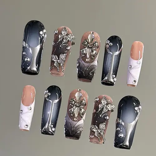 NailVesta LUNAR WHISPER – 100% Handcrafted 3D Press-On Nails | Reusable, Long-Lasting, Salon-Quality black lace nail art nail art Glossy Reusable Nails
