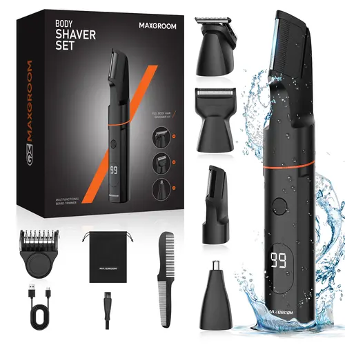 MAXGROOM Body Hair Trimmer for Men, Waterproof Pubic, Groin & Ball Shaver, No-Nick Mens Electric Grooming Kit with LED Display, USB Rechargeable, Adjustable Guide Comb
