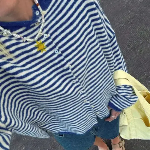 Women's Casual Striped Knit Cardigan, Long Sleeve Button Front Sweater Coat, Fall Winter Fashion Pullover Outerwear, Knitwear