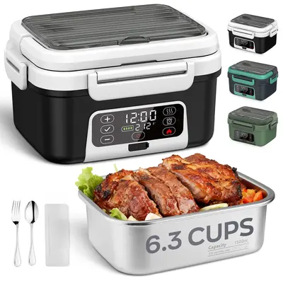Cordless Electric Heated Lunch Box, 1.5L（6.3Cups） 20000mAh Rechargeable Battery Powered with Automatic Heating, Smart Timer, BPA Free,Including Spoon, Insulated Carry Bag, Removable Tray Divider，summerwins