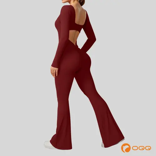 OQQ Women's Fitted Athleisure Jumpsuit - Stretchy Long Sleeve Yoga & Gym Outfit with Open V-Back, Wide Legs, Removable Padding (Gym Clothes Women)