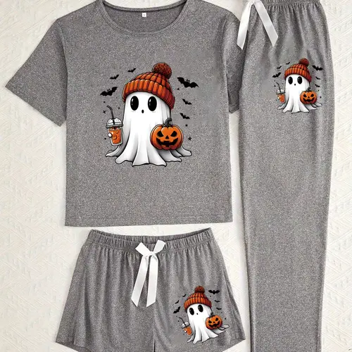 Halloween Ghost Pumpkin Print Pajama Set for Women, Casual Fitted Sleepwear, All-Season Comfortable Nightwear Pjs, Matching Loungewear Set