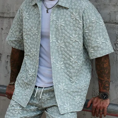 Men's 2-Piece Summer Outfit, Short Sleeve Button Collared Shirt & Regular Fit Shorts, Casual Tropical Vacation Beach Wear