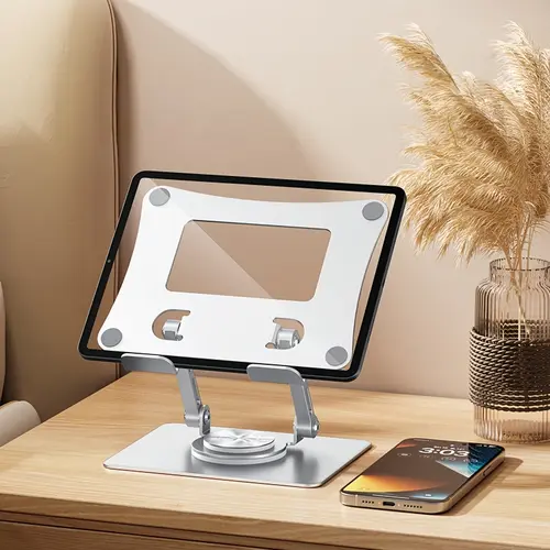 Metal Foldable Travel-Light Tablet Stand - Freestanding, Rotatable 360° Adjustable Height Desktop Bracket, Gel Anti-Slip Surface, Durable Lightweight for 4.7-12.9" Devices, Portrait/Landscape Home Electronics Accessory, Silicone