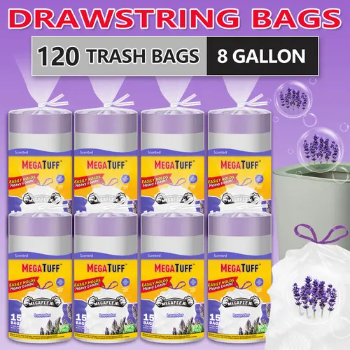 Deodorizing Lavender Aroma Trash Bags, 8gal Sturdy Leak-Proof Non-Tear Disposable Plastic Drawstring Bags, 120-Count Bulk Home Supplies for Indoor/Outdoor Sanitary Waste, Deodorizing Trash Bags