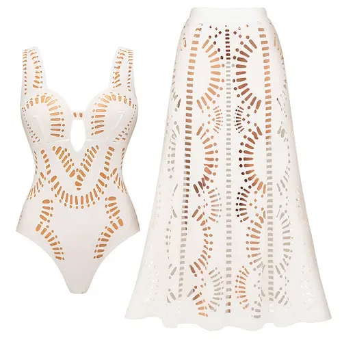FLAXMAKER Women's White Laser Cut V-Neck One Piece Swimsuit and Matching Skirt Set Swimdress Beachwear Bathing Suit Sexy Tummy Control Stylish Beachwear #Summervibes outdoorfun #SwimWeek