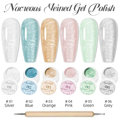 Tencoco Pearl Gel Nail Polish Set - 6 Iridescent Mermaid Colors with Swirl Shell Thread Effect, Soak-Off UV Formula, Valentine’s Day Gift for Women (Beauty Products, Nails Inspo, Manicure at Home, Gel X at Home)