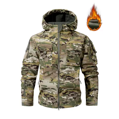 Men's Camouflage Military Jungle Tactical Jacket with Fleece Lining Windproof Cold-resistant Softshell Winter Coat with Multiple Pockets
