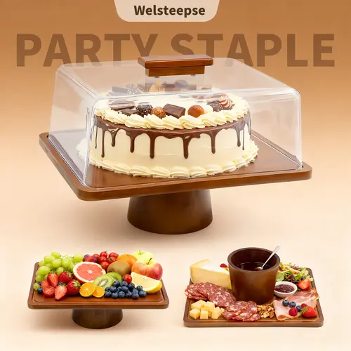 WELSTEEPSE Bamboo Wooden Cake Stand with Acrylic Lid, Eco-Friendly Kitchen Fruit Bowl & Food Storage Board, Multi-Functional Party Dessert Decoration Set, Mildew-Proof Birthday Gift