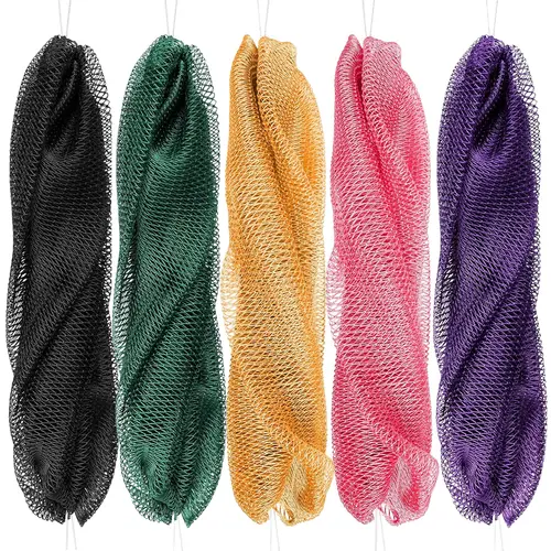 Bluimon African Exfoliating Net Sponge - Authentic Ethically Sourced from Nigeria, 45in Bath Exfoliating Tool, Quick Exfoliation Back Scrubber for Daily Body Scrub Routine, Bathing Accessories (Black, Green, Orange, Pink, Purple), African Net Sponges
