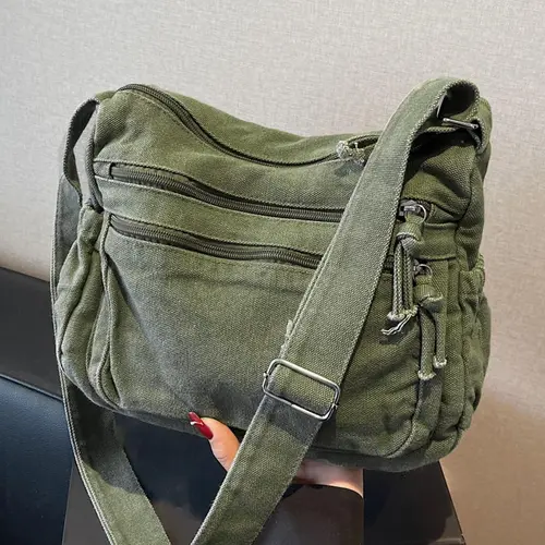Retro washed shoulder messenger bag, Zippered sling bag, multiple zipper pocket design adjustable shoulder strap messenger bag, workwear style versatile multi-color selection, suitable for daily commuting, Versatile shoulder bags