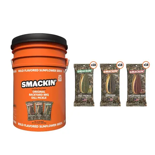 SMACKIN' Sunflower Seeds HUNTING BUCKET - 54 Bags of "OG" Original, Dill Pickle, and Backyard BBQ