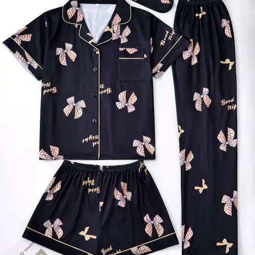 Women's Bow Print Knit Fitted Matching Pajama Set, Comfortable Sleepwear for All Seasons, Shirt & Shorts & Pants, Home Wear, Casual Nightwear, Loungewear, Feminine Pjs