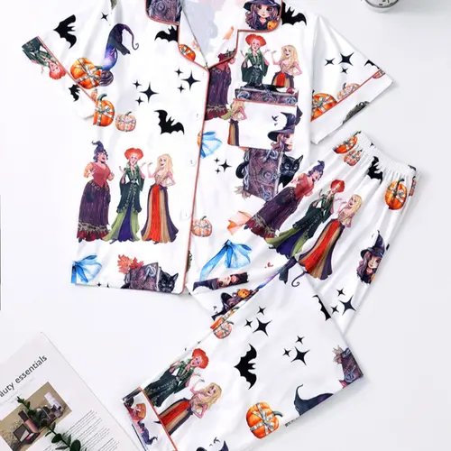 Women's Cartoon Print Pajama Set, Comfortable Short Sleeve Shirt Top & Elastic Waist Pants, Casual Nightwear for All Seasons Halloween Pjs