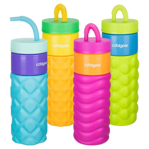 COOLGEAR 4-Pack 24 oz Portable Reusable GO GRIP Plastic Retro Squishy Water Bottles (500-1,000 ml), Cute Printed Design, Foam Grip, Resealable Bendy Straw, Washable, Dishwasher Safe, for School & Relaxing at Home, Rainbow