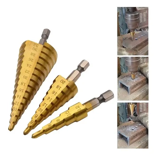 3-Count Multi-Size Titanium-Coated High-Speed Steel Step Drill Bit Set, HSS Multifunctional Drill Tool for Aluminum, Wood, Ideal for DIY Lovers