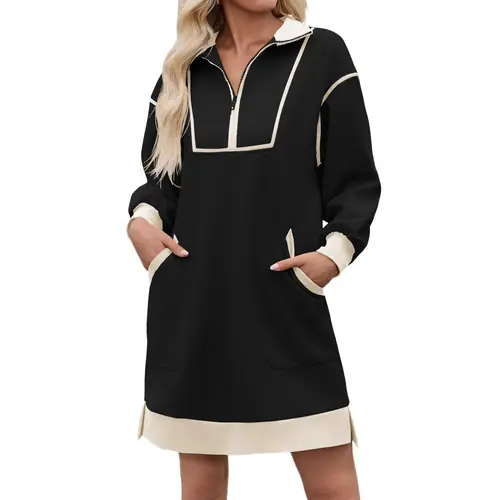 Wenrine Women's Oversized Comfy Collared Half-Zip V-Neck Long-Sleeve Contrast Basic Sweatshirt Dress with Pockets, Adjustable Above-Knee Sporty Chic Fall Apparel, Everyday Wear Pair with Leggings