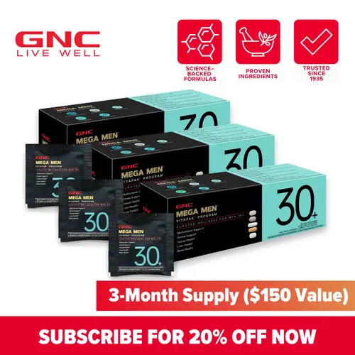 GNC Mega Men's 30+ Vitapak Combo Pack - 3-Pack Supplement Stack, 90-Day Supply, 30 Count, Stress Support, Bone Support, Liver Health, Vitamin, Healthy Vitamins Supplements, Dietary Aid