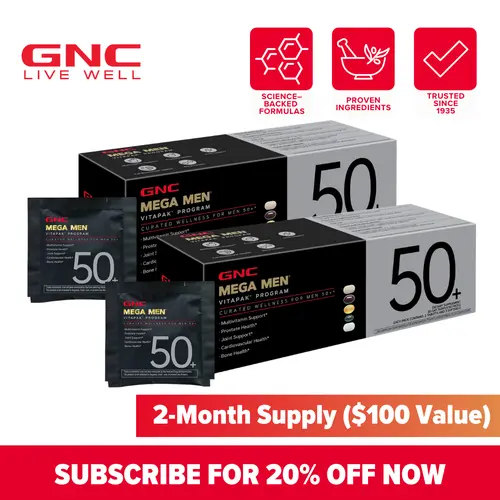 GNC Mega Men's 50+ Vitapak 2-Pack Bundle - 5-in-1 Multivitamin with Stress, Bone & Prostate Health Support, Energy Boost, Vitamin Supplements, Comprehensive Nutrition & Wellness Essentials