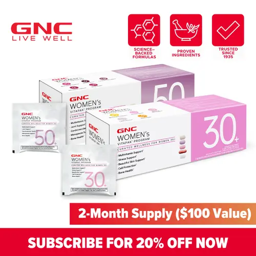GNC 2-Pack Bundle For Women: Women's 30+ & 50+ Vitapak, Stress Support, Beautiful Skin, Bone Health & Omega-3s, Dietary Supplement, Natural Ingredient
