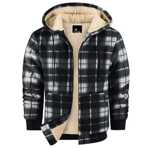 ZITY Men's Fitted Polyester Thick Plaid Fleece-Lined Hooded Coat - Cozy Shearling Full-Zip Winter Jacket, Pull-On Longsleeve Top for Chilly Days, Plaid Adds Style Black Checked Casual Menswear (Coral)