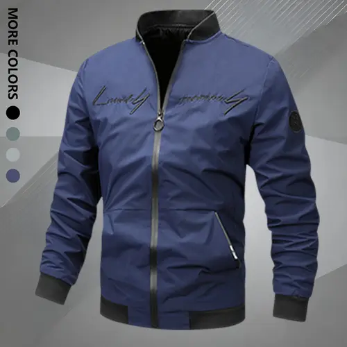 Men's Embroidered Long Sleeve Baseball Jacket - Black Menswear Casual Jackets Clothes, Zipper Closure, Polyester Lining, Regular Fit for Spring/Fall, Elegant Texture Outerwear