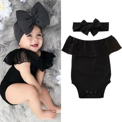 Ma&Baby Toddler Baby Girl Off Shoulder Romper Lace Shorts Jumpsuit Ruffle Floral Sleeveless Romper+ Bowknot Headband Outfit