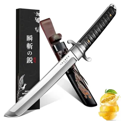 FUSIONKEI Japanese Outdoor Knife, Outdoor Knife with Phoenix Carved Sheath, for Camping Outdoor,Collection for Men