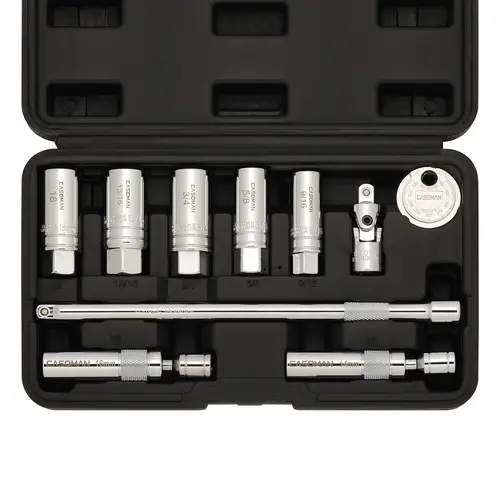 CASOMAN 10PCS 3/8" Drive Magnetic Spark Plug Socket Wrench Set - 6PT & 12PT CR-V Steel Mechanic Tools, Includes Extension Bar, Universal Joint, Spark Plug Gapper, Magnetic Socket Standard for Car Automotive Use
