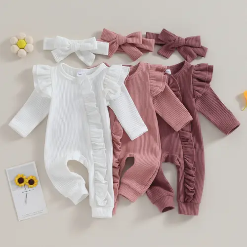 Ma&Baby Newborn Infant Baby Girl Autumn Jumpsuit Solid Color Long Sleeve Ruffle Zipper Romper with Headband Set