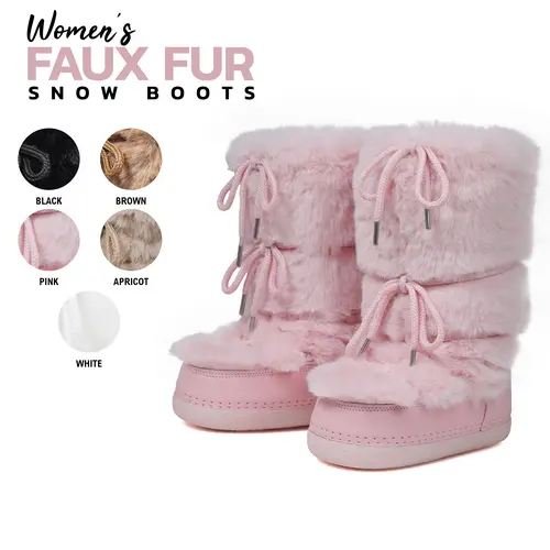 Womens Faux Fur Boots Mid Calf Round Toe Platform Heel Lace Up Fuzzy Warm Cozy Cute Comfortable Party Dress Shoes Casual Outdoor Street Style Vacation Holiday Travel Shopping Walking Stylish Trendy Fashion Fluffy Plush Snow Boots