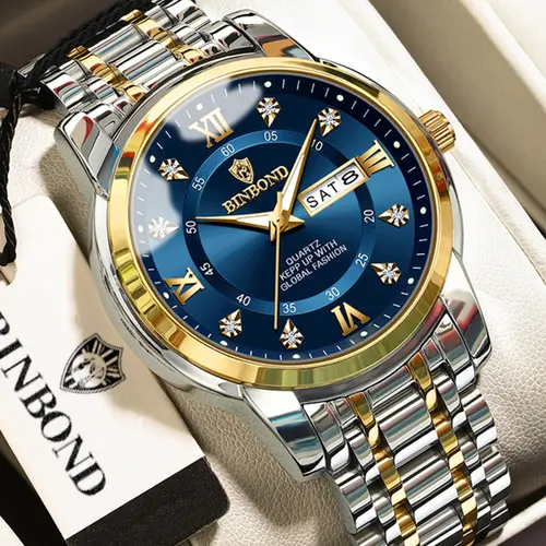 BINBOND Men's Waterproof Business Watch, Silver Color Stainless Steel Band, Quartz Movement, Fashionable Luminous Dial, Analog Watch, Trendy Exquisite Watch