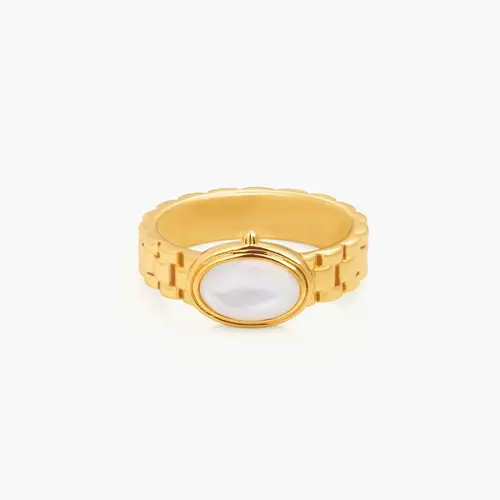 en route 18K Gold Plated Watch Band Ring in Gold, Sleek Watch-Link Band Design Featuring Lustrous Mother of Pearl Inlay, Modern Statement Jewelry for Everyday Wear, Perfect for Layering or Solo Styling with Effortless Chic