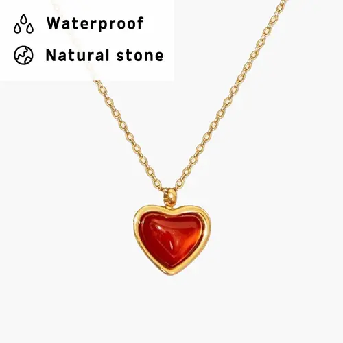 en route 18K Gold Plated Carnelian Stone Heart Necklace in Gold, Waterproof Design with Natural Carnelian Heart, Perfect for Chic Everyday Wear or Layered Styling