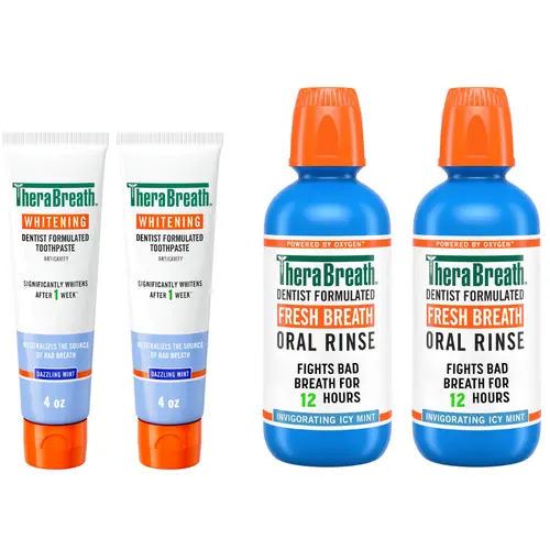 TheraBreath Whitening Fresh Breath Toothpaste Rinse Bundle 4oz 2-pack & 16oz Invigorating Icy Mint Oral Rinse