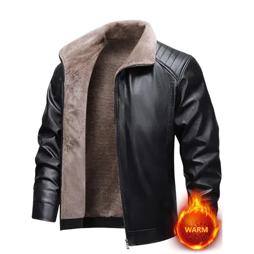 Men's Woven Faux Leather Fashion Jacket - Long Sleeve Winter Outerwear, Warm Fleece Lining, Zipper Front, Fitted Casual Top (m-Infused Style)