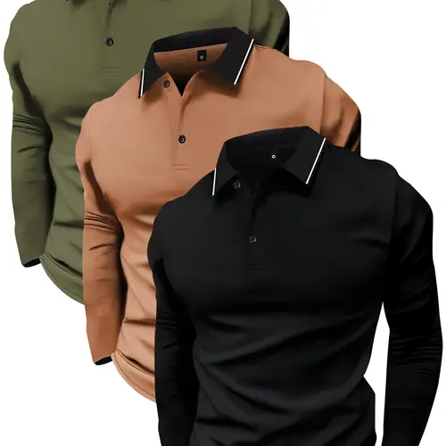 3-pack men's POLO shirt lapel long-sleeved T-shirt spring and autumn simple retro casual men's wear daily outdoor sports light business outdoor running wear tops Menswear Menswear