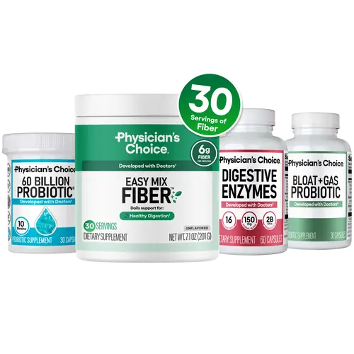 Physician's Choice Complete Gut Support System Bundle: Digestive Enzymes + 60 Billion Probiotic + Bloat & Gas Probiotic + Easy Mix Fiber