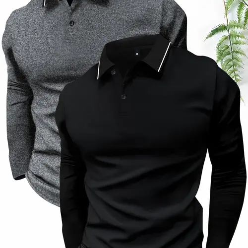 2-pack long-sleeved POLO shirt lapel T-shirt spring and autumn simple retro casual men's wear daily outdoor sports light business outdoor running wear tops